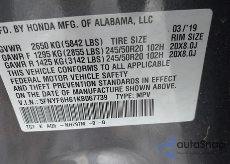 2019 Honda Pilot Touring z USA, uszkodzony, nr VIN 5FNYF6H61KB067739